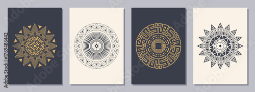 Set of flyers, posters, placards, brochure design templates A6 size with abstract circular geometric ornaments. Sacred, esoteric geometry symbols. Vertical color blanks with isolated ethnic symbols.