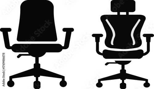 Two ergonomic office chairs silhouettes front and back views for modern workspace design