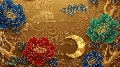 3D Render: Luxe gold Asian wallpaper featuring peony and moon design