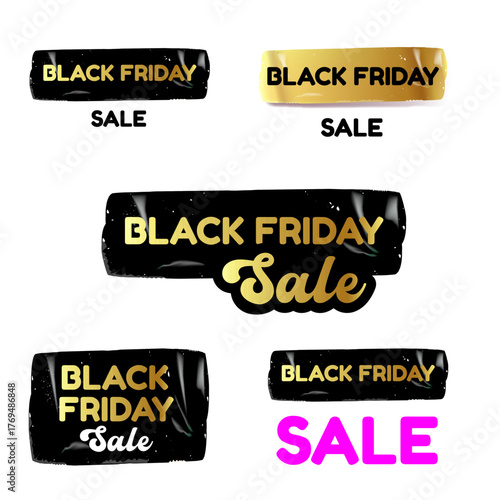 Black Friday SALE gold and black sticker isolated on white. black friday Price sale sticker, sale sticker, price tag, retro label, sale or discount sticker, promotional badge set, shopping label png