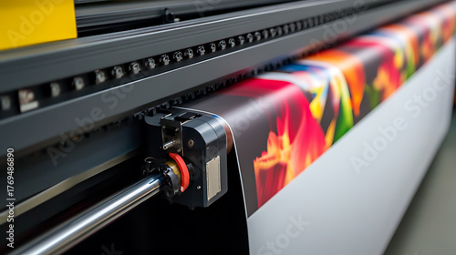 Close-up showcases an industrial printer in action, producing a large-format print with vivid colors and intricate designs. Precision meets art in this technological display.