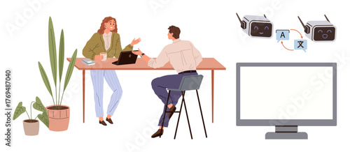 Two colleagues discuss AI-powered language translation as robot icons highlight speech processing. Ideal for technology, language learning, teamwork, innovation, digital interaction, workplace