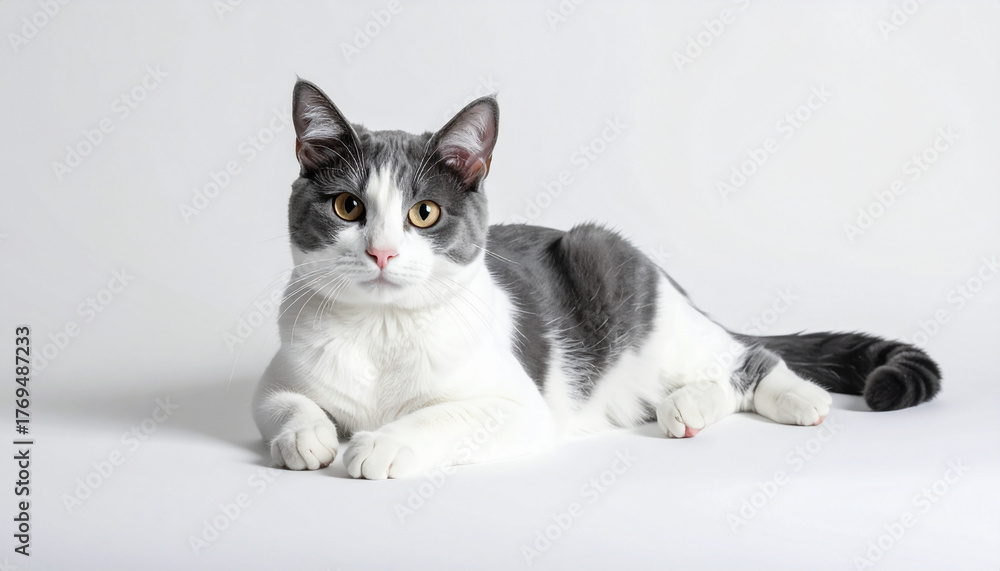 Obraz premium Gray and white cat lying on white background, looking calm and relaxed, soft natural light, elegant fur, domestic pet, adorable feline portrait