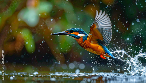 Wallpaper Mural Firefly kingfisher in flight above river droplets scattering mid air, vibrant plumage, high speed action, nature wildlife photography, colorful bird Torontodigital.ca