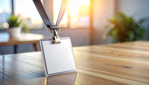 Wallpaper Mural Blank badge mockup lanyard sunlight wooden desk office event professional name tag template modern workspace. scene feels inviting and organized perfect for conferences or business meetings Torontodigital.ca
