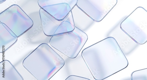 Abstract Clear Glass Squares with Subtle Iridescent Light Sheen Scattered on a White Background.