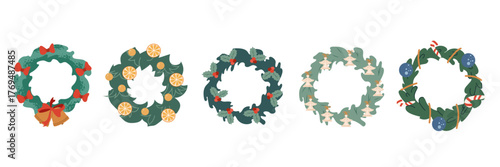 A collection of five  Christmas door wreaths and garlands decorated with holly, bells, candy canes, oranges, and angels. Winter holiday decor elements isolated