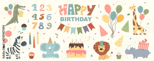 Cute safari animals  set with birthday party design elements, such as cake, balloons, gifts, hats, numbers. Kids festive charakters