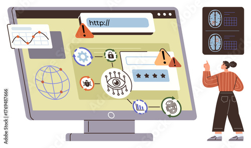 Computer screen displaying online threats, warning signs, and data breaches with a woman analyzing graphs. Ideal for cybersecurity, data privacy, hacking, online safety, risk management, IT systems