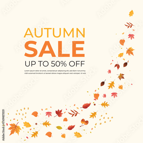 Set of Fall leaves, leaves falling during fall, autumn season yellow  and orange leaves, Autumn sale, up to 30, 40, 50% off, theme background, clean premium vector layout