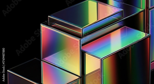 Iridescent glass blocks stacked on black background, glossy abstract rectangular prisms with rainbow reflections
