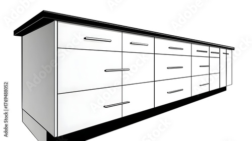 A contemporary, sleek storage cabinet with multiple drawers in a clean, minimalist white and black design, providing efficient organization and workspace utility.