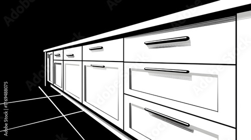 A contemporary, monochrome kitchen design featuring clean lines, sleek white cabinetry, and functional drawers for efficient storage and organization.