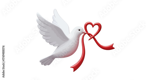 A white dove flies with a red heart-shaped ribbon in its beak on a white background.