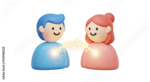 Two cartoon characters, a man and a woman, with glowing connections between them, against a clean white background, conveying a friendly and communicative mood.