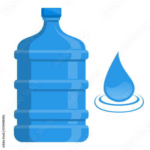 Blue Water Gallon and Droplet Icon Vector Illustration Isolated on White Background, for eco-friendly design projects, water company branding, or infographic elements