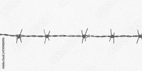Background with barbed wire. Ink object with dusty speckle grain uneven threshold edge and scattered marks. Worn paper texture adds a retro surface quality.