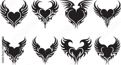 Tribal heart wings tattoo vector silhouette set