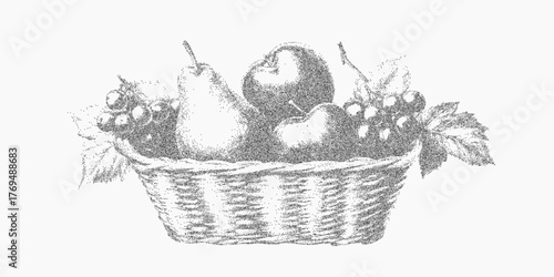 Basket full of fruits. Grunge form with paper grain dry stipple and muted ink. Threshold transition blends with speckled dust and scratchy edge noise.