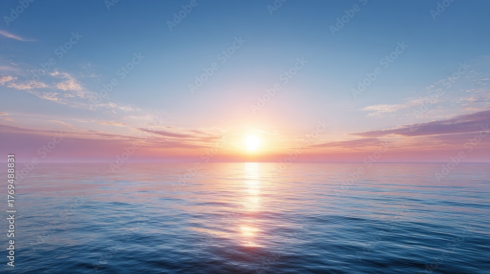 Obraz premium Serene Ocean Horizon at Sunrise with Calm Waters Reflecting Colorful Sky and Gentle Waves in Nature's Tranquil Landscape