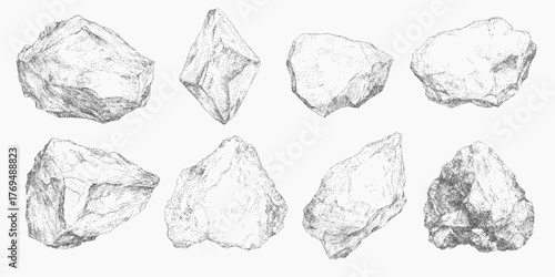 Set of stones of different shapes with rough textures, layered grain and dusty paper surface, speckled ink outlines and soft noise around edges.