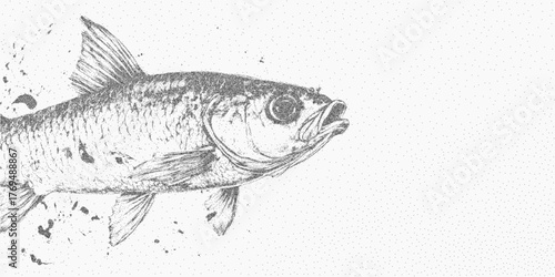 Background with fish in stylized motion, gritty surface and faded ink lines, paper noise and soft speckle adding retro underwater texture.