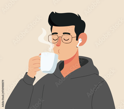 Flat vector illustration of a young man in a hoodie and glasses enjoying a hot drink while listening to music.