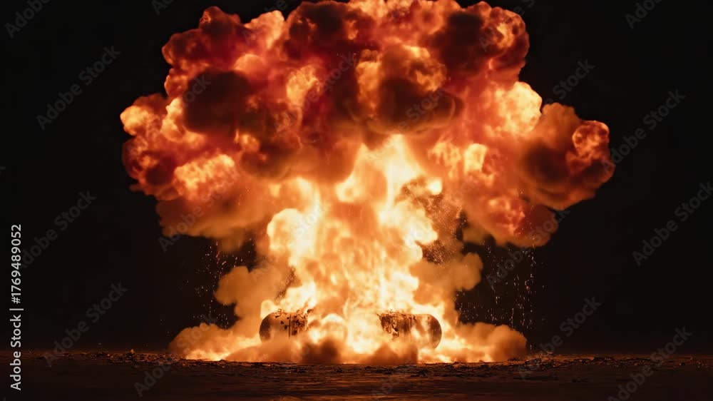 Powerful fiery explosion erupts from tank at night. Large orange fireball and billowing smoke create dramatic blast against black background