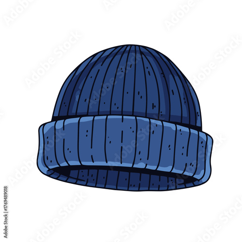 Hand Drawn Navy Blue Knit Beanie Hat Vector Illustration Isolated on White Background, Warm Winter Fisherman Cap Doodle Style Graphic Element
