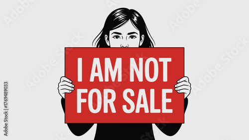 Illustration of Woman Holding I AM NOT FOR SALE Sign Advocating Against Human Trafficking