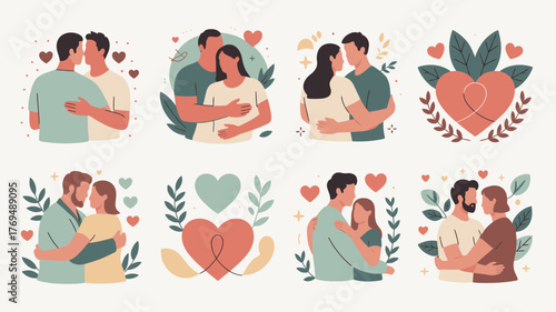 Illustration Set Featuring Diverse Couples Embracing, Hearts, and Botanical Elements for Valentine's Day