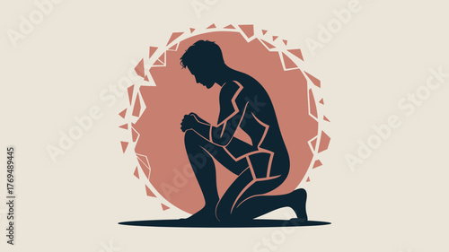 Kneeling Man Silhouette in Broken Circle with Light Beige Background, Conceptual Illustration Art