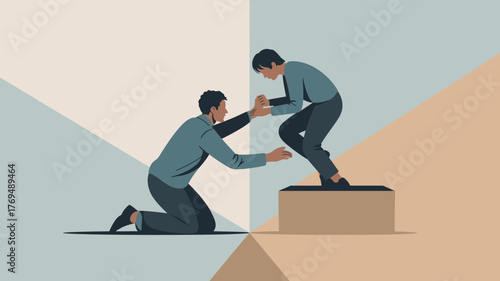 Man Helping Another Climb Onto Block, Flat Illustration of Support, Assistance