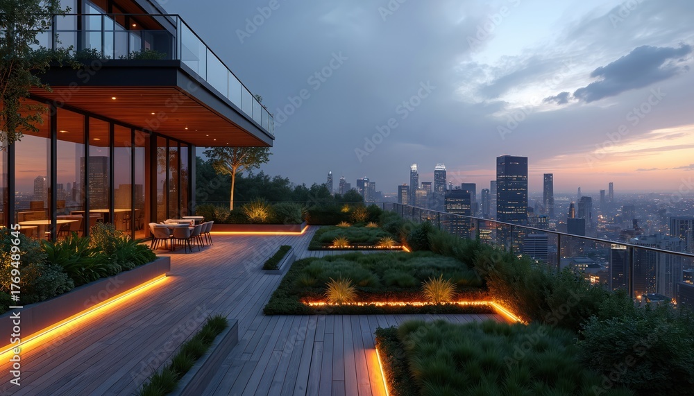 Naklejka premium Modern rooftop garden with city skyline view at dusk. Illuminated green plants on wooden deck with ambient orange lights. Upscale building terrace offers relaxation.