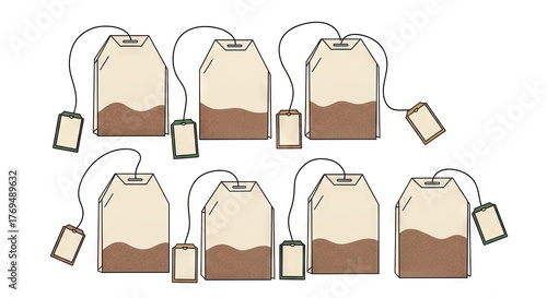 Arrangement Of Tea Bags With Attached Tags Isolated On White Background