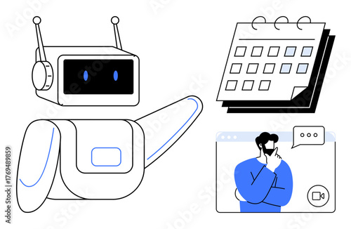 Robot pointing at calendar, representing task automation, with user in video call. Ideal for technology, AI, remote work, productivity, future trends time management user interaction. Simple flat