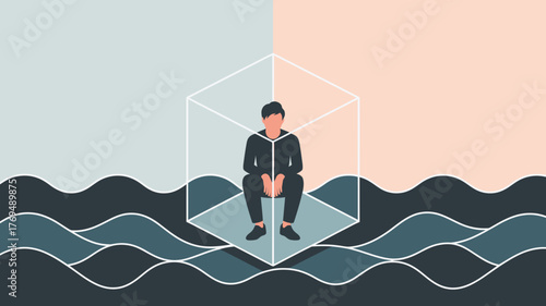 Minimalist Illustration of Man Trapped in Box Above Water Waves, Emotional Isolation Concept