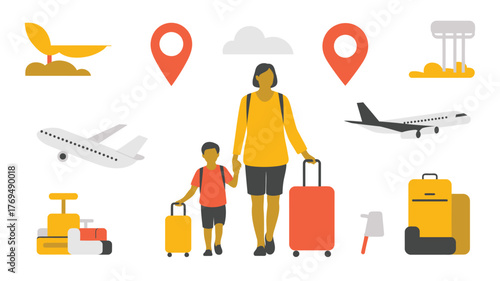 Mother and Son Traveling with Luggage at Airport Terminal, Airplane, and Cloud Illustration