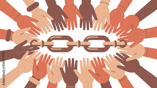 Multiracial Hands Surrounding Chain Illustration Symbol of Unity, Community, and Strength Together