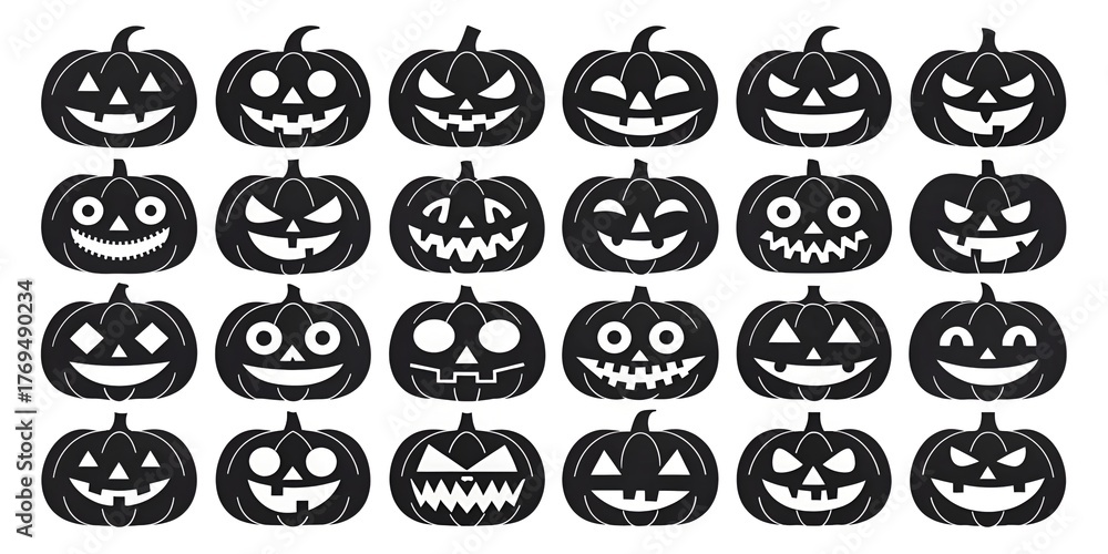 Fototapeta premium Set of Halloween scary pumpkins cut. Spooky creepy pumpkins cut