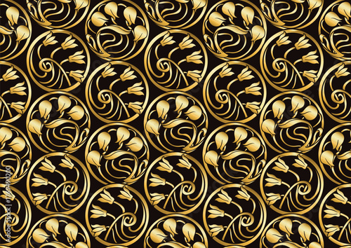 Decorative flowers and leaves in art nouveau style, vintage, old, retro style. Seamless pattern, background. Vector illustration. In art nouveau style, vintage, old, retro style. Gold and black