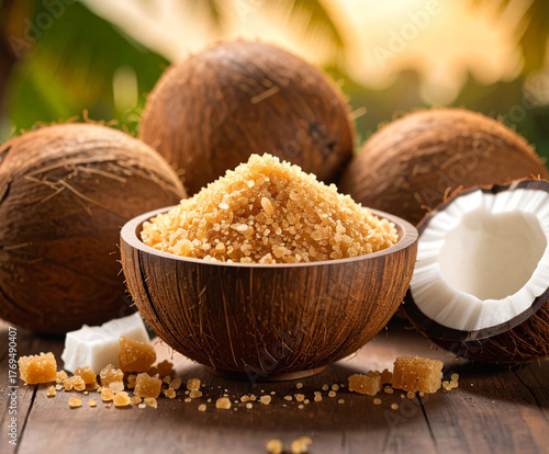Coconut brown sugar with cubes and whole coconuts on table