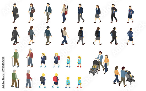 アイソメトリックイラスト：歩く人セット