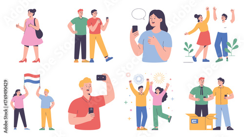 People Using Smartphones, Celebrating with Fireworks, Waving Dutch Flag, and Exiting a Box Illustration Set