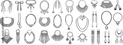 Boho jewelry vector set, tribal earrings, ethnic necklaces, ornamental accessories, fashion design elements, decorative pendants, handmade style, vintage inspired, editable illustration