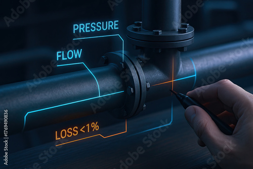 Pipeline flow pressure measurement with digital overlay showing loss below 1 percent and technician marking inspection point