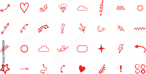 Collection of hand drawn red doodle icons and symbols isolated on transparent background, including arrows, hearts, stars, clouds, and abstract shapes