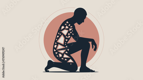 Shattered Silhouette Kneeling Figure with Internal Fractures, Psychological Illustration on Beige Background