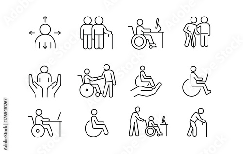 A set of vector icons representing disability support, accessibility, and care for older workers, created in line style with editable stroke