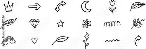 Collection of hand drawn doodle icons including a crown, arrows, moon, flower, leaf, diamond, star, rainbow, and heart, isolated on transparent background
